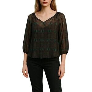 Zara Basic Collection Boho Inspired Sheer Self Tie Neck Loose Fit Blouse Small